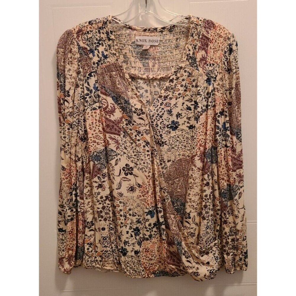 Knox Rose‎ Women's Long Sleeve V Neck Surplice Blouse Top Elastic Waist Floral M